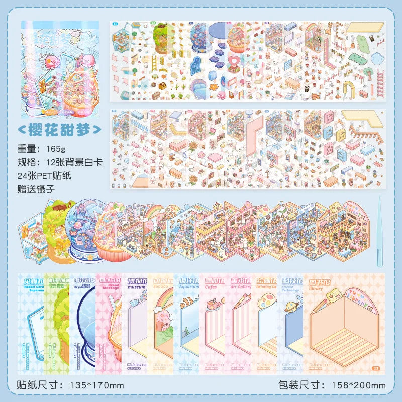 Kawaii 3D Cartoon Miniature Scene Sticker Book - Fun DIY Scrapbooking and Stacking Game Stickers for Creative Kids!